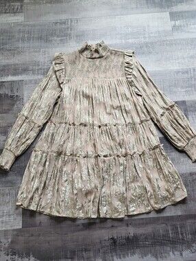 ELAN Gold Foil Ruffle Tiered Dress Medium Boho Long Sleeve Smocked Mock Neck